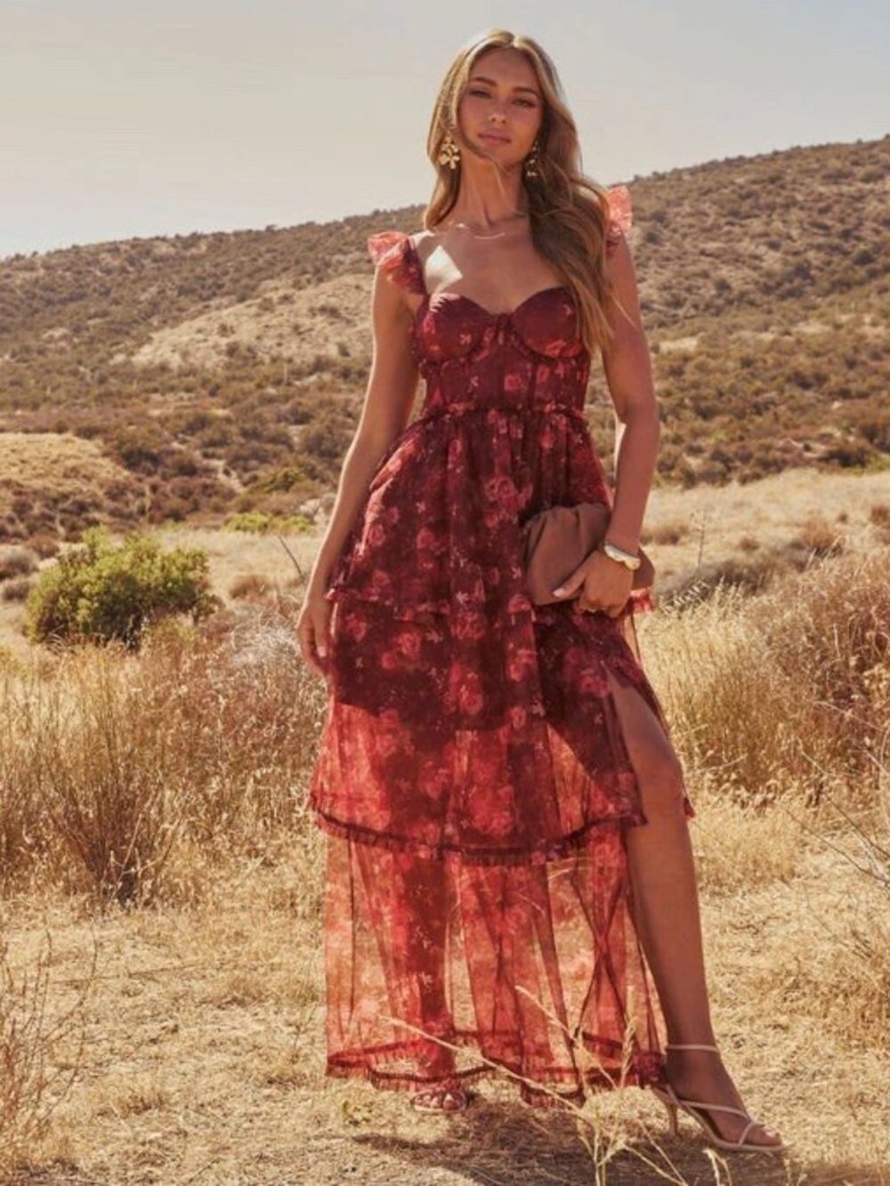 VICI Women's Spaghetti Strap Sheer Ruffle Tier Maxi Dress Boho Red Floral XS